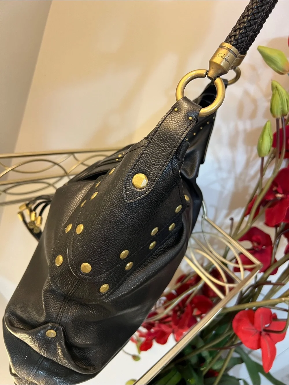 NWT Cole Haan Collection Black Leather Studded Hobo Shoulder Bag Vintage Y2K